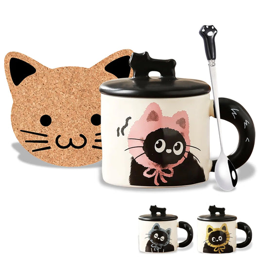 Kawaii Black Mugs with Kitty Spoon Coaster Set Novelty Tea Cup